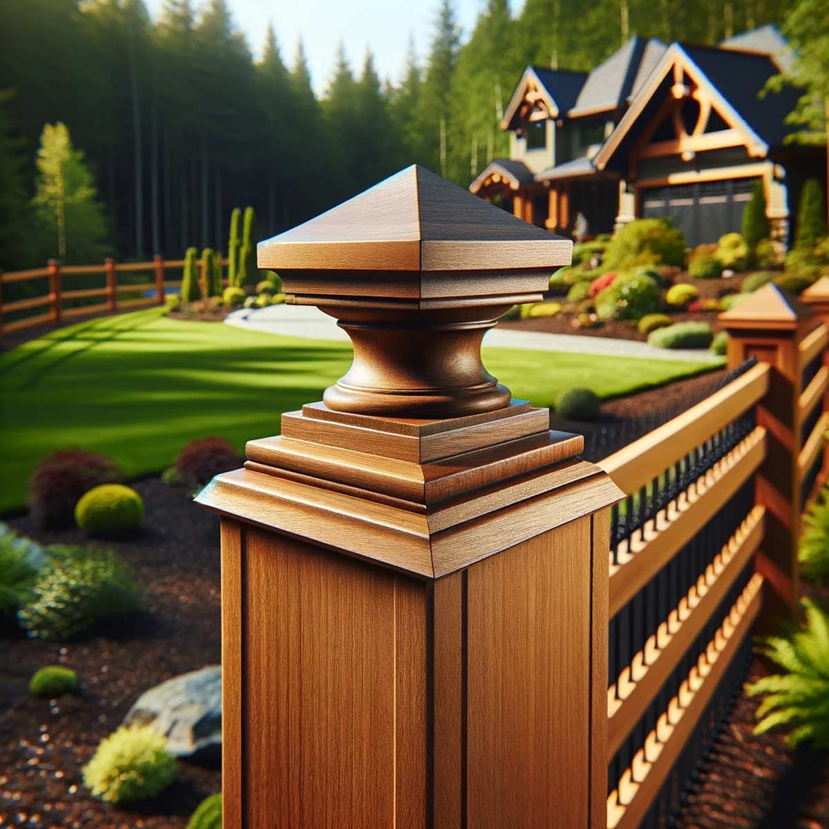 An intricate, craftsman-style custom post cap created by Island Post Cap sits on a fence in front of a craftsman-style mountain home netled in the woods.