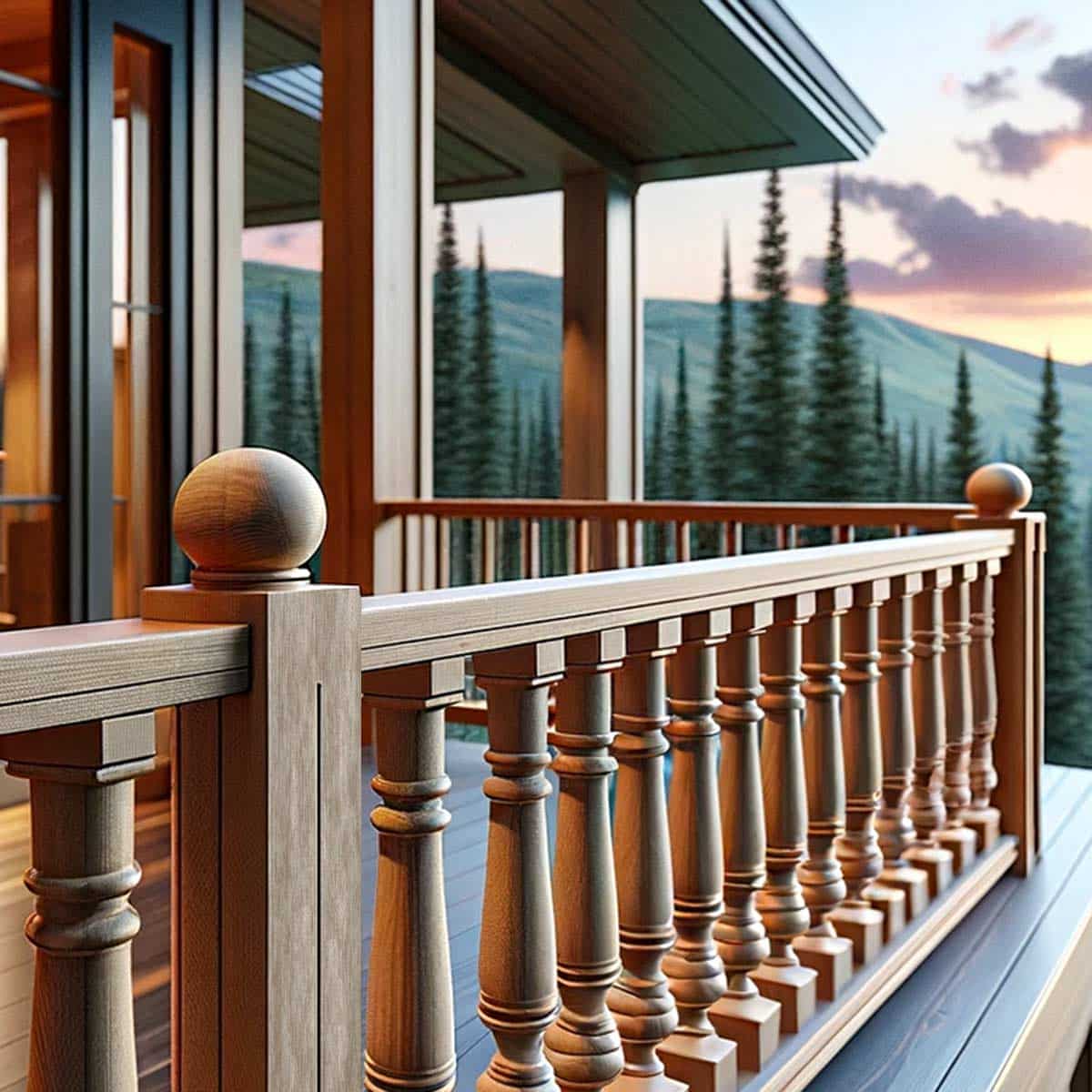 Custom deck parts are highlighted in this image of a mountain home at sunset.