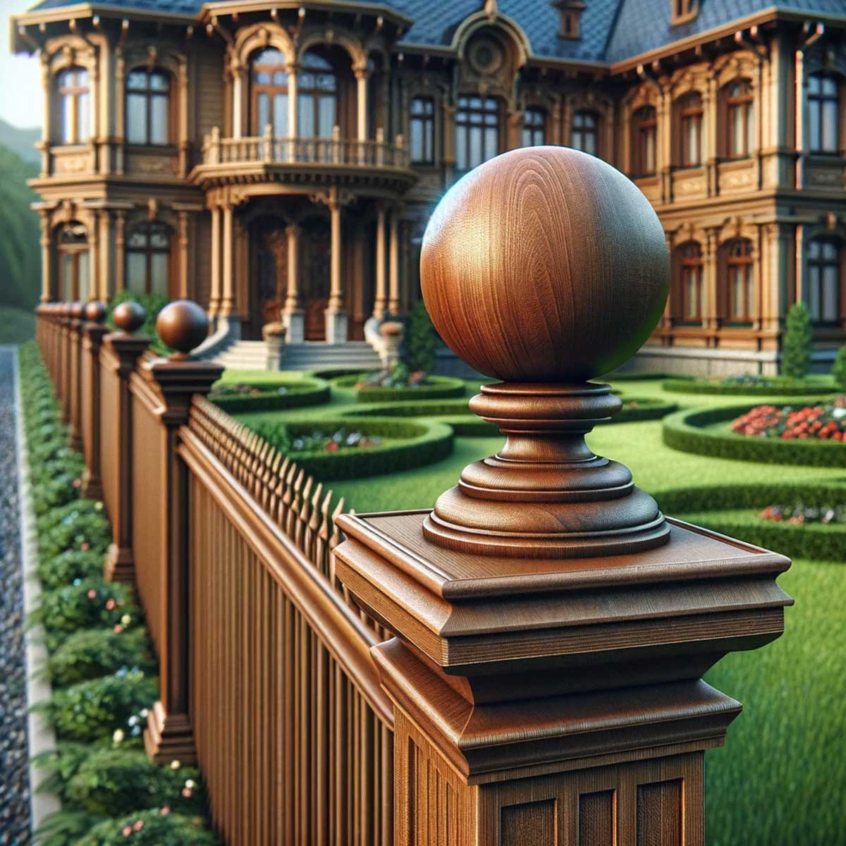 A custom wood finial positioned on a short fence in front of an old world victorian home.
