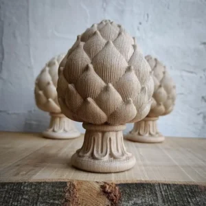 Artichoke Wood Carved Finial, Newel Post Cap with Reeded Ribbon Base